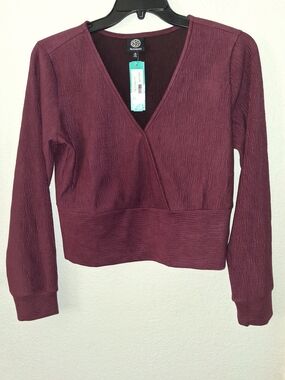 bobeau Deep Wine Wrap-Style Long Sleeve Top
